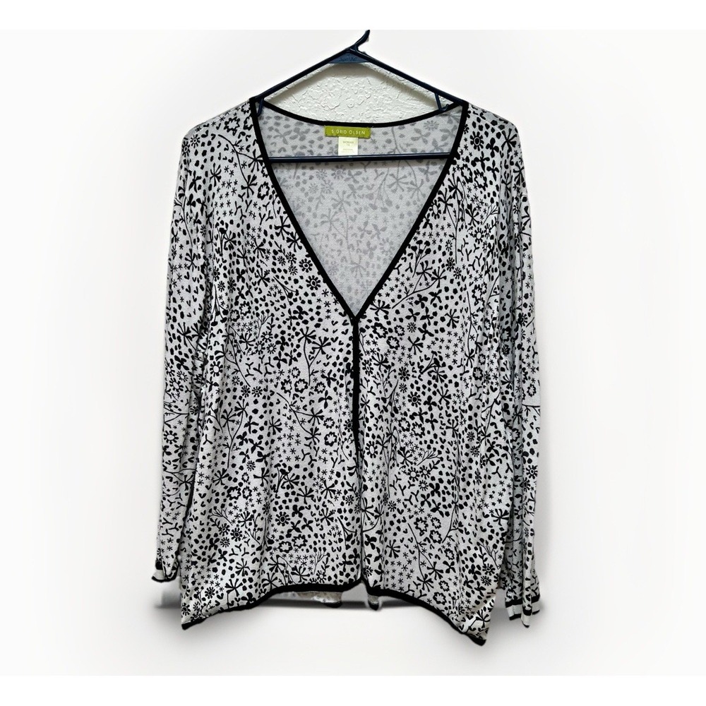 Sigrid Olsen Woman 1X Black White Floral Print Long Sleeve V Neck Cardigan‎